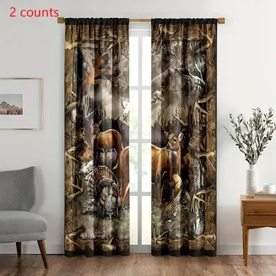 Rustic Cabin Deer Pattern Curtain, 2 Counts Country Farmhouse Forest Wildlife Print Window Curtain, Window Drapes for Living ...