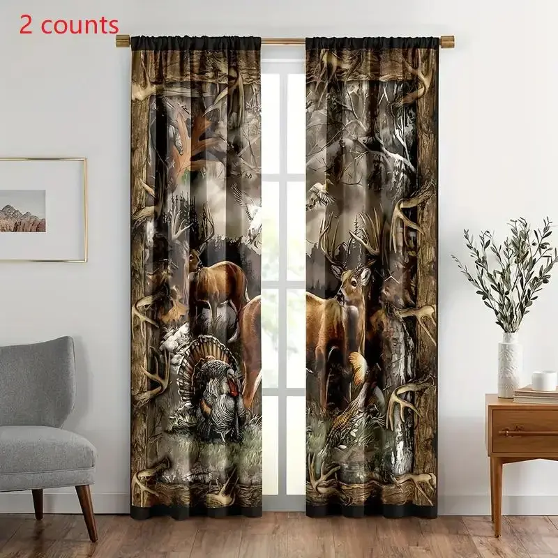 Rustic Cabin Deer Pattern Curtain, 2 Counts Country Farmhouse Forest Wildlife Print Window Curtain, Window Drapes for Living ...