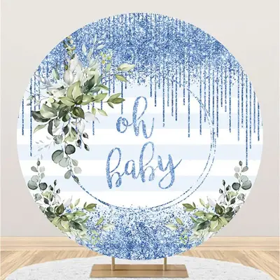 Aperturee Glitter Blue Oh Baby Stripe Round Baby Shower Backdrop | Round Backdrop Fabric Cover | Round Party Backdrop | Custo...