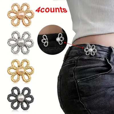 Flower Design Waistband Buckle, 4 Counts/set Adjustable Waistband Button, Detachable Decorative Waist Fastener for Jeans, Pan...