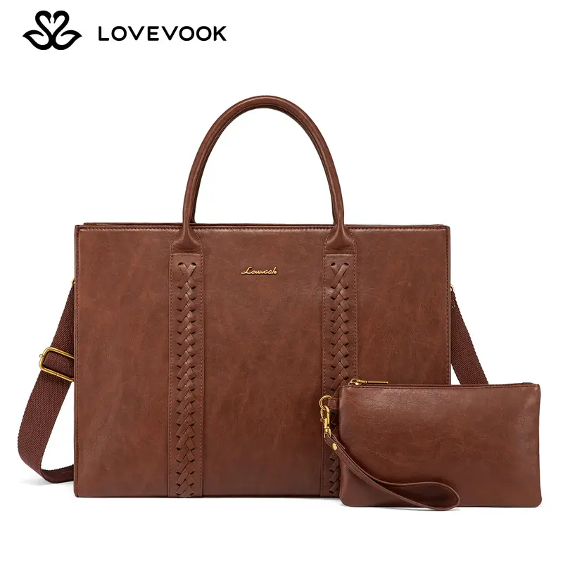 LOVEVOOK 15.6 inch Laptop Tote Bag for Women, Vintage Leather Work Bags Teacher Laptop Bag With Cup Holder, Waterproof Comput...