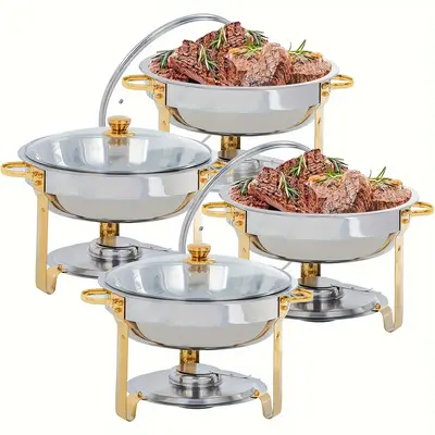 4PCS food heater, buffet hot pot, 5QT hot pot buffet set, round stainless steel hot pot and buffet heater set, food and water...