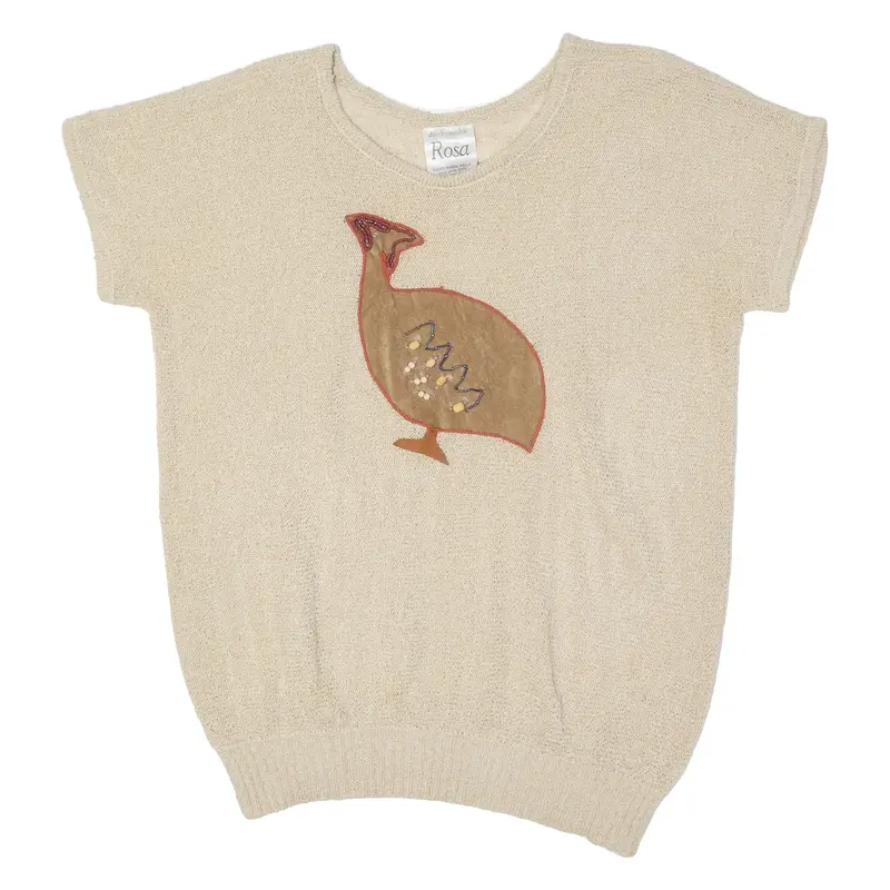 ROSA Beaded Bird Womens Patterned Jumper Beige Roll Neck Short Sleeve M