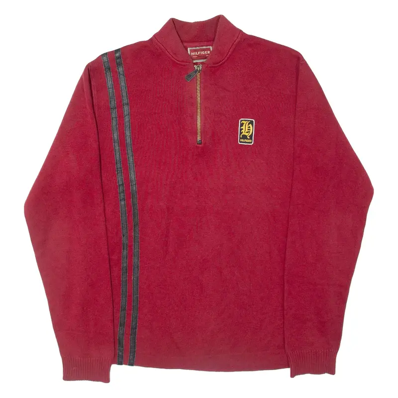 TOMMY HILFIGER Red Label Mens Jumper Red 1/4 Zip 90s Tight Knit S