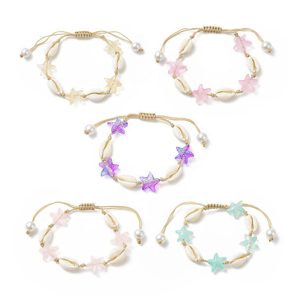 Natural Cowrie Shell & Glass Starfish Braided Bead Bracelet for Women