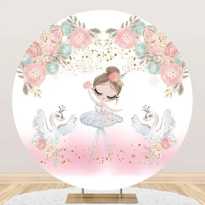 White Pink Floral Ballet Girl Swan Round Backdrop - Aperturee