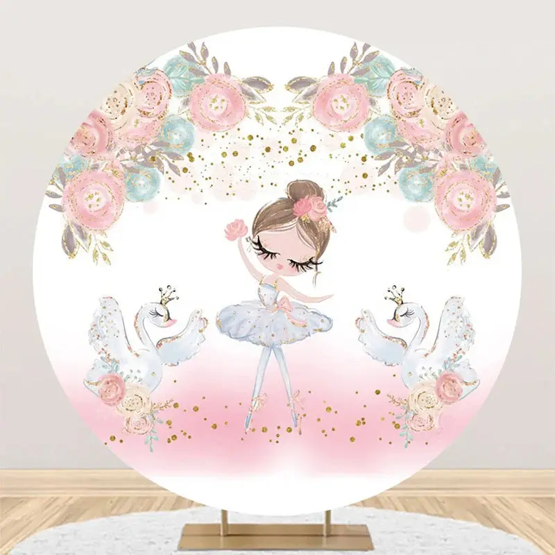 White Pink Floral Ballet Girl Swan Round Backdrop - Aperturee