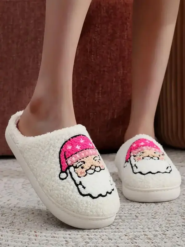 Women's Cute Cartoon Santa Claus Design Plush Slippers, Casual Soft Comfortable Home Slippers, Warm Slippers for Indoor & Out...