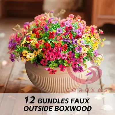 COROXAS 12 Bundles Faux Outside Boxwood UV Resistant Fake Outdoor Flowers Safe Colorful Decor for Mom Approved Home Garden Ki...