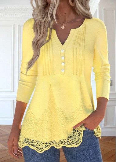 Modlily Light Yellow Embroidery Long Sleeve Split Neck T Shirt - M