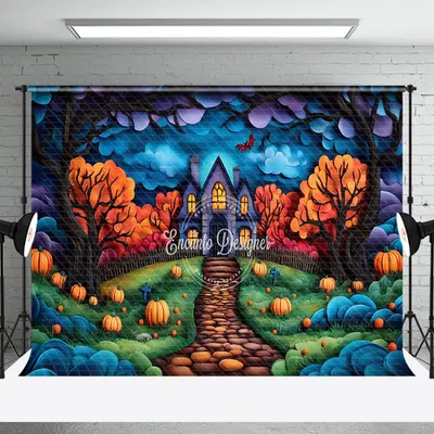 Aperturee Painted Castle Trees Pumpkins Halloween Backdrop - Aperturee