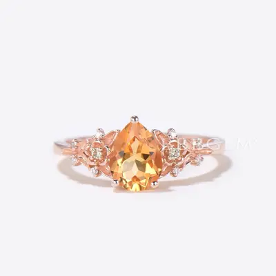 Citrine Engagement Ring Rose Gold Floral Diamond Wedding Ring