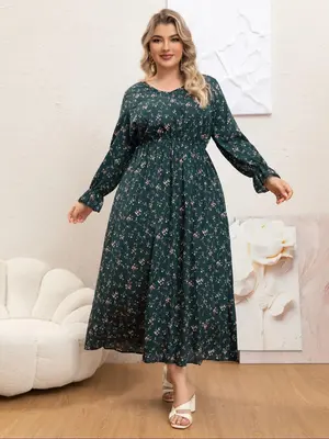 Plus Size Ditsy Floral Print A Line Dress, Boho Flounce Sleeve V Neck Long Dress, Women Plus Clothing for Daily Holiday Vacat...