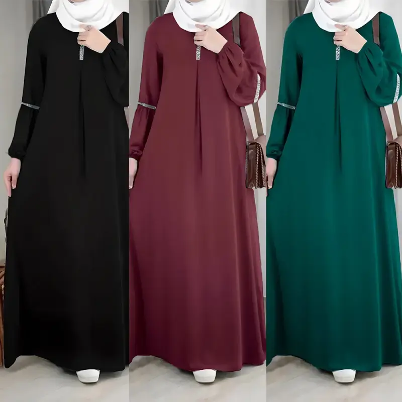 2025 Sartre Arab Fashion Long Sleeve Abaya Casual Sequin Clothing nisa modest solid color long sleeve dress  Maxi