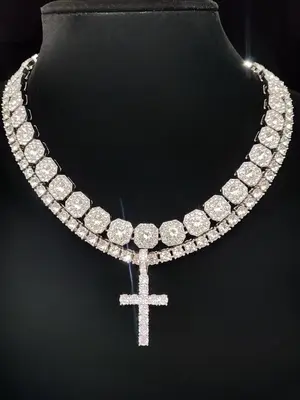 Artificial Zirconia Cross Pendant & Chain Necklace, Punk Jewelry for Party, Daily Decor for Boy, Trendy Exquisite Hip Hop Jew...