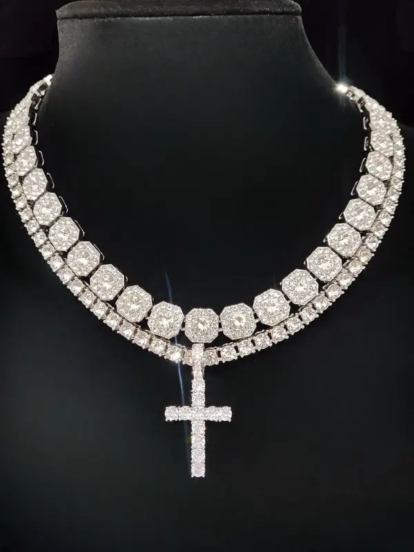 Artificial Zirconia Cross Pendant & Chain Necklace, Punk Jewelry for Party, Daily Decor for Boy, Trendy Exquisite Hip Hop Jew...