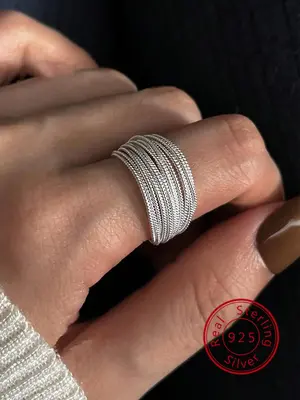 S925 Sterling Silver Simple Elegant Fashionable Layered Ring, Adjustable Cuff Ring for Women & Girls, Trendy All-match & Exqu...