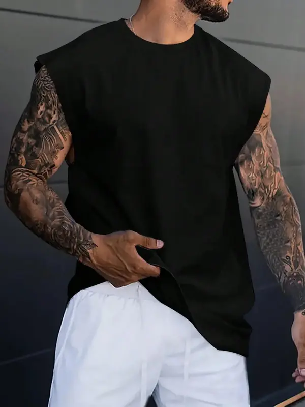 Men's Loose Fit Solid Round Neck Tank Top, Casual Cap Sleeve Tee for Summer, Fashion Men's Streetwear Top for Daily Wear