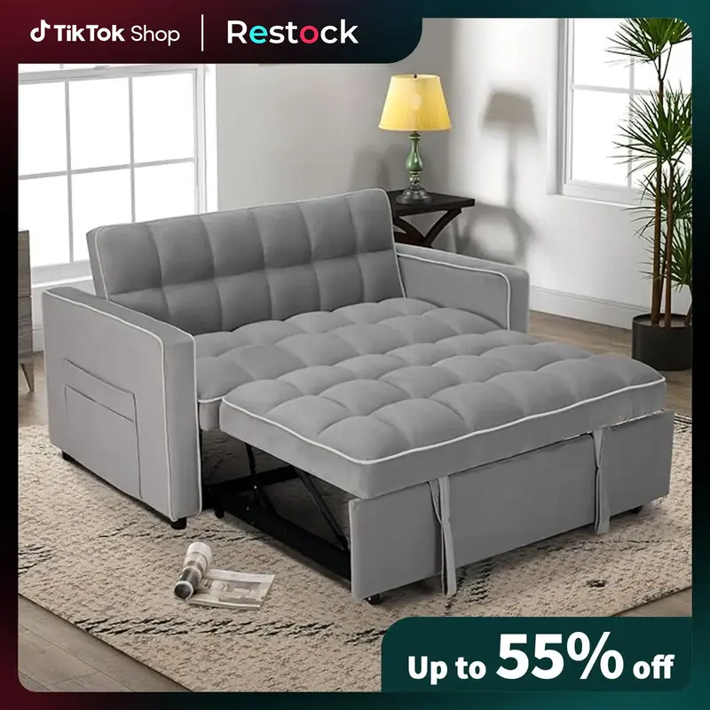 [Restock]EBELLO Velvet Convertible Pull Out Sofa Bed, 3-in-1 Loveseat Sleeper with Adjustable Backrest, Modern Futon Couch wi...