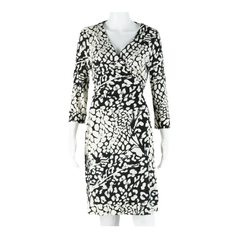 DIANE VON FURSTENBERG Womens Wrap Dress Black Crazy Pattern Knee Length M