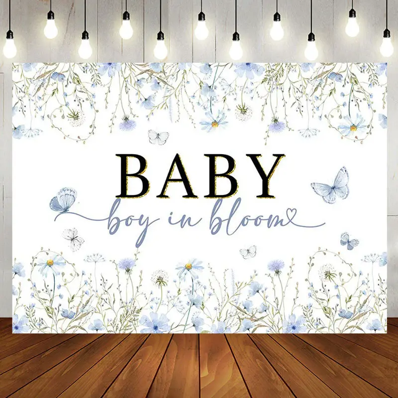Boy In Bloom Blue Floral Spring Baby Shower Backdrop - Aperturee