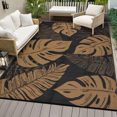 Garvee Large Outdoor Rug 10x20 Waterproof Reversible Mat Palm Leaf Design Polypropylene UV-Resistant Lightweight Foldable Pat...