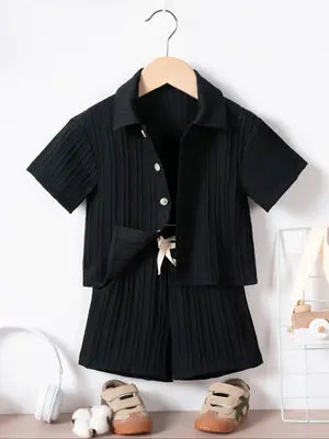 Two-Piece Set Toddler Boy's Solid Short Sleeve Collared Top & Shorts, Casual Summer Clothes for Kids, Kid's Clothing for Dail...