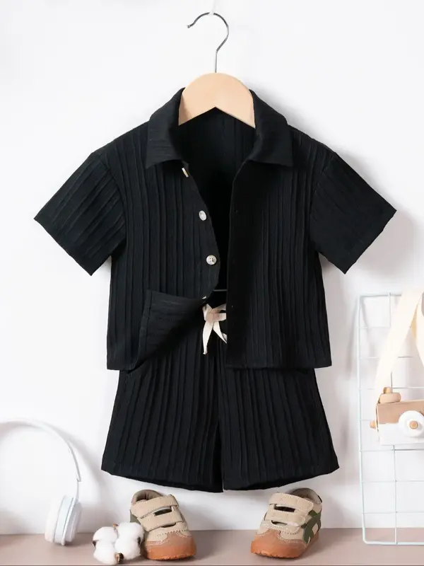 Two-Piece Set Toddler Boy's Solid Short Sleeve Collared Top & Shorts, Casual Summer Clothes for Kids, Kid's Clothing for Dail...