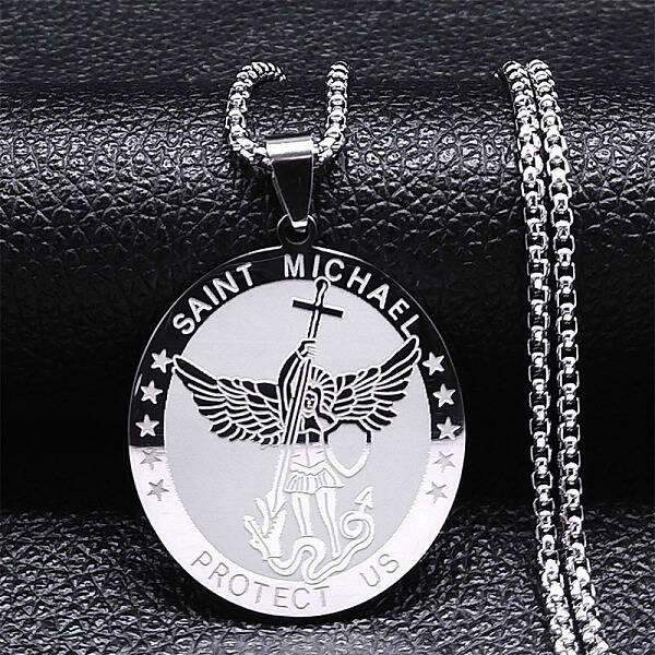 304 Stainless Steel Archangel Saint Michael Medal Pendant Box Chain Necklaces for Women
