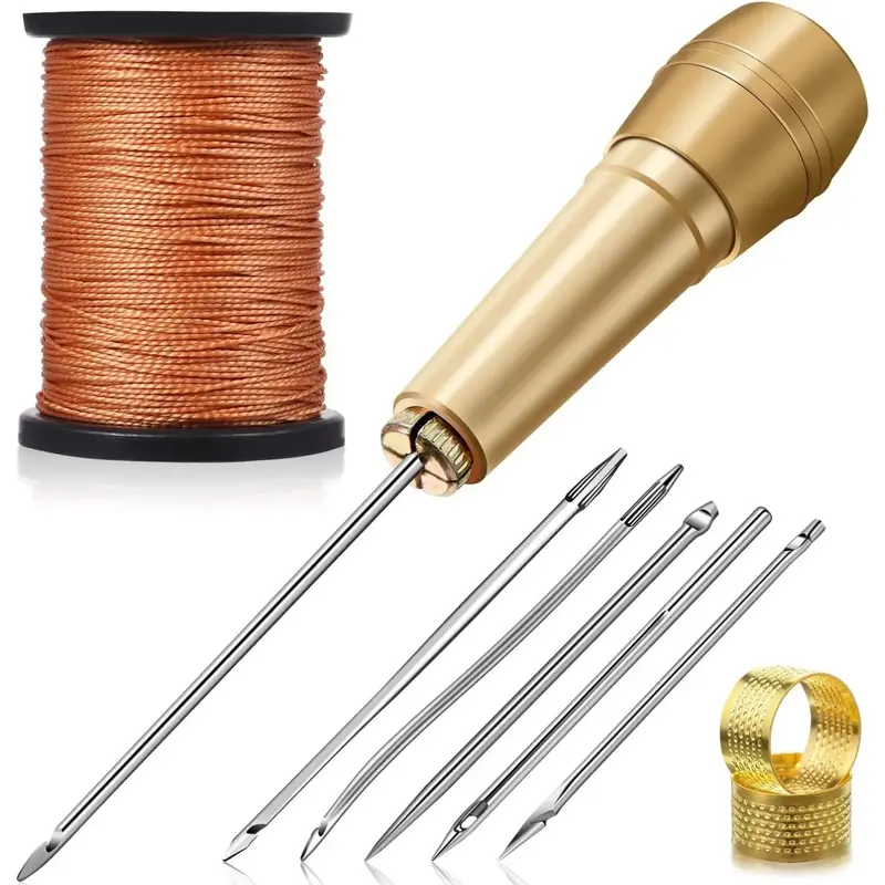 6Pcs Stainless Steel Awl Needle DIY Faux Leather Sewing Kit with Copper Handle for Canvas, Tent, and Shoe Repair - 50 m Nylon...