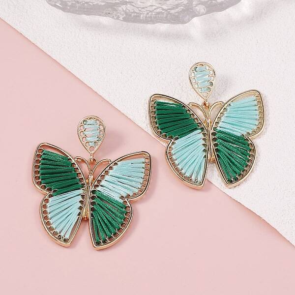 Bohemian Ethnic Style Alloy Frame Cotton Thread Woven Butterfly Stud Dangle Earrings for Women