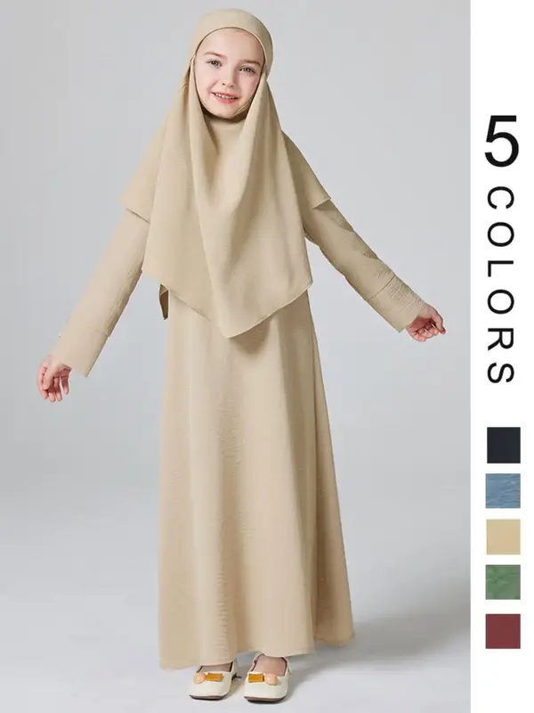 Muslim Girls' Solid Button Front Arabian Dress & Hijab Set, Modest Long Sleeve A Line Dress & Tudung Hijab for Girls, Muslim ...