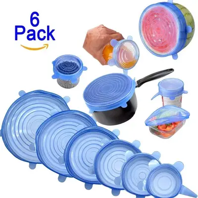 (Set of 6) Microwave Safe Silicone Stretch Lids reuseable Flexible Covers for Rectangle, Round, Square Bowls, Dishes, Plates,...