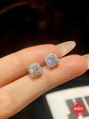 S925 Sterling Silver Stud Earrings for Women, Square Shaped Artificial Zircon Decor Stud Earrings, Fashion Jewelry for Party,...