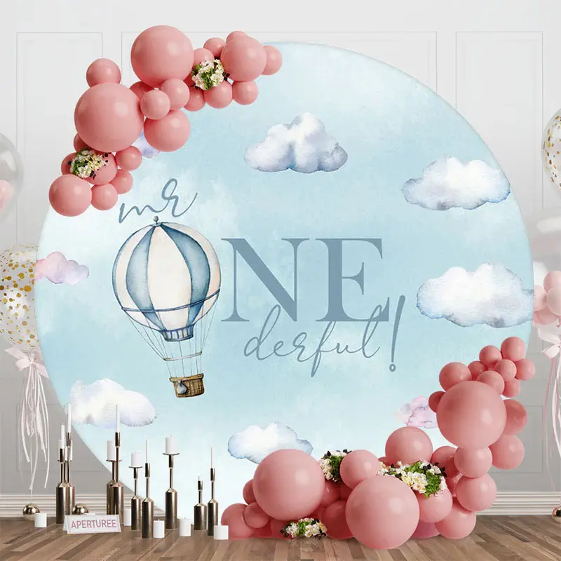 Aperturee Round Blue Cloud Hot Air Balloon Onederful Backdrop | Custom Round Backdrop | Birthday Round Backdrop Cover | Round...
