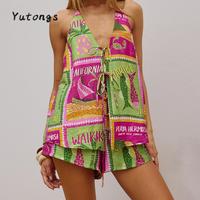 Women Shorts Set, Tree/Stripes Print Tie-up Vest with Shorts Summer Outfit for Party Club