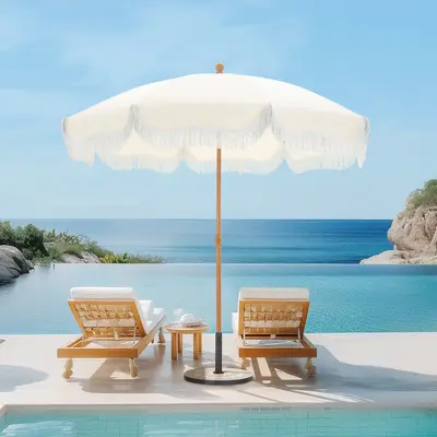 PHI VILLA 7ft Patio Umbrella with Fringe, UPF 50+ Canopy, 8 High Wind Proof Fiberglass Ribs, Fully Assembled, Carry Bag Avail...