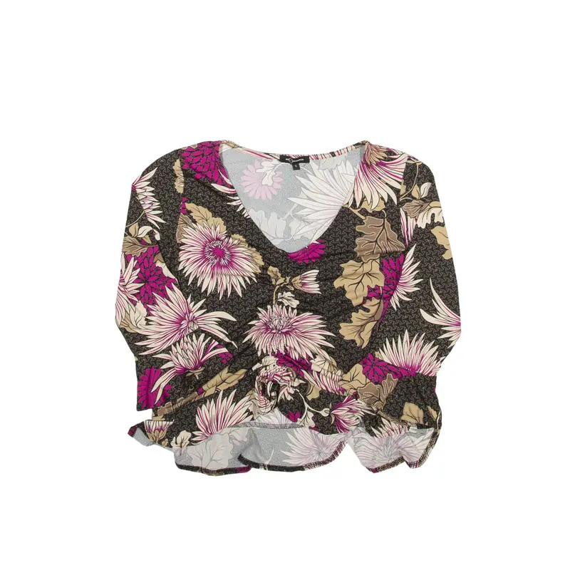 MISQUITOS Ruched Top Purple V-Neck Floral Long Sleeve Womens S