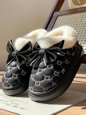 Women's Bowknot Design Embroidering Plush Slippers, Casual Soft Comfortable Home Slippers, Warm Slippers for Indoor & Outdo...