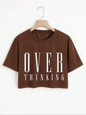 Women's Letter Print Drop Shoulder Crop Tee, Casual Short Sleeve Round Neck T-Shirt for Summer, Women's Top for Daily Wear