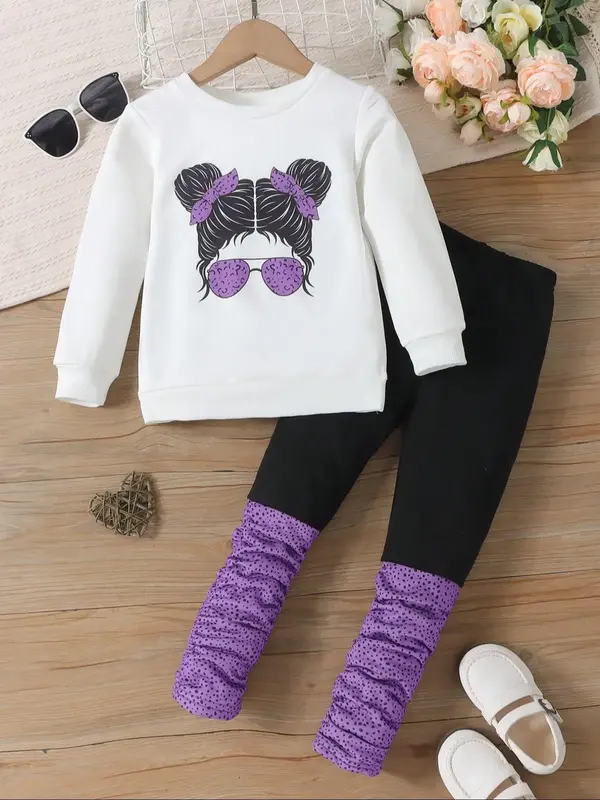 Two-piece Set Toddler Girl's Cartoon Print Sweatshirt & Patchwork Pants, Casual Round Neck Long Sleeve Pullover & Elastic Wai...