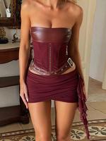 Two-piece Set Women's Solid Color Lace Up Corset Tube Top & Grommet Eyelet Decor Skirt, Fashion Casual Strapless Top & Ruched...