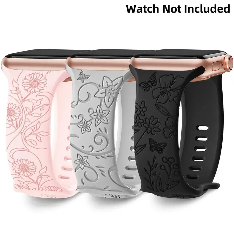 Fashion Floral Pattern Watch Band (Band Only), Silicone Replacement Watch Band Compatible with iWatch Series 38mm 40mm 41mm ...