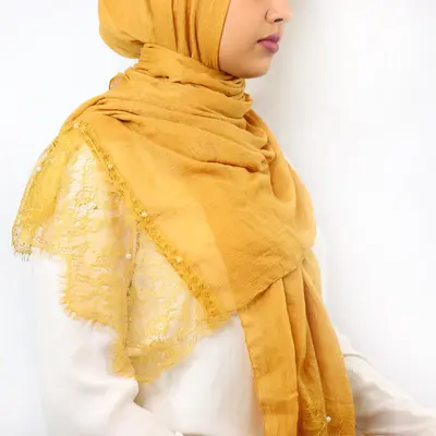 Lace & Pearl Cotton Viscose Hijab - Mustard