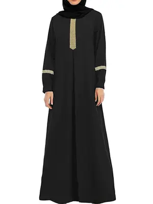 Arabic Clothing-Ethnic Pattern Tape Long Dress without Hijabs, Modest Long Sleeve Round NeckĀ Long Dress, Women's Islamic Clo...