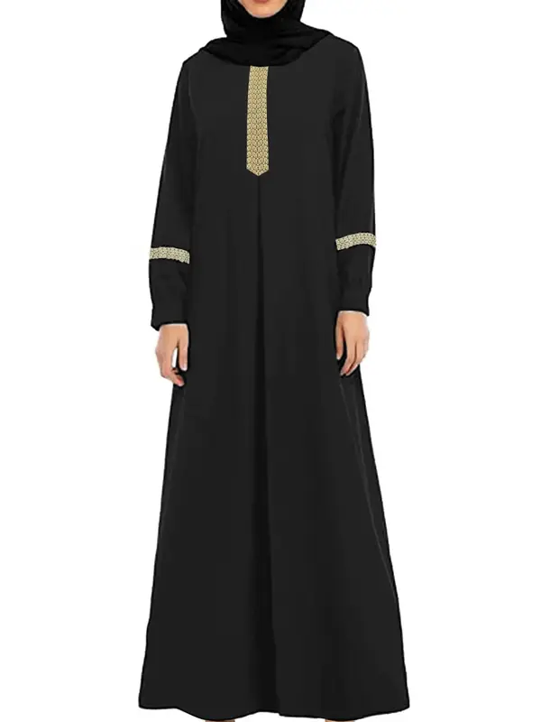 Arabic Clothing-Ethnic Pattern Tape Long Dress without Hijabs, Modest Long Sleeve Round Neck Long Dress, Women's Islamic Clo...
