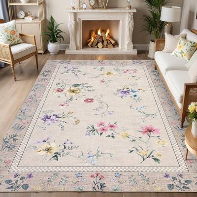 Garvee Floral 8x10 Washable Rug for Living Room, Indoor Farmhouse Non Slip Area Rug for Bedroom, Low Pile Stain Resistant Lar...