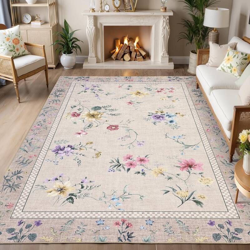 Garvee Floral 8x10 Washable Rug for Living Room, Indoor Farmhouse Non Slip Area Rug for Bedroom, Low Pile Stain Resistant Lar...