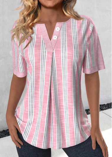 Modlily Light Pink Button Plus Size Striped Short Sleeve Blouse - 1X