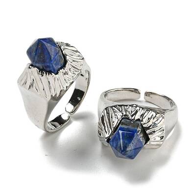 Hexagonal Prism Natural Lapis Lazuli Open Cuff Rings